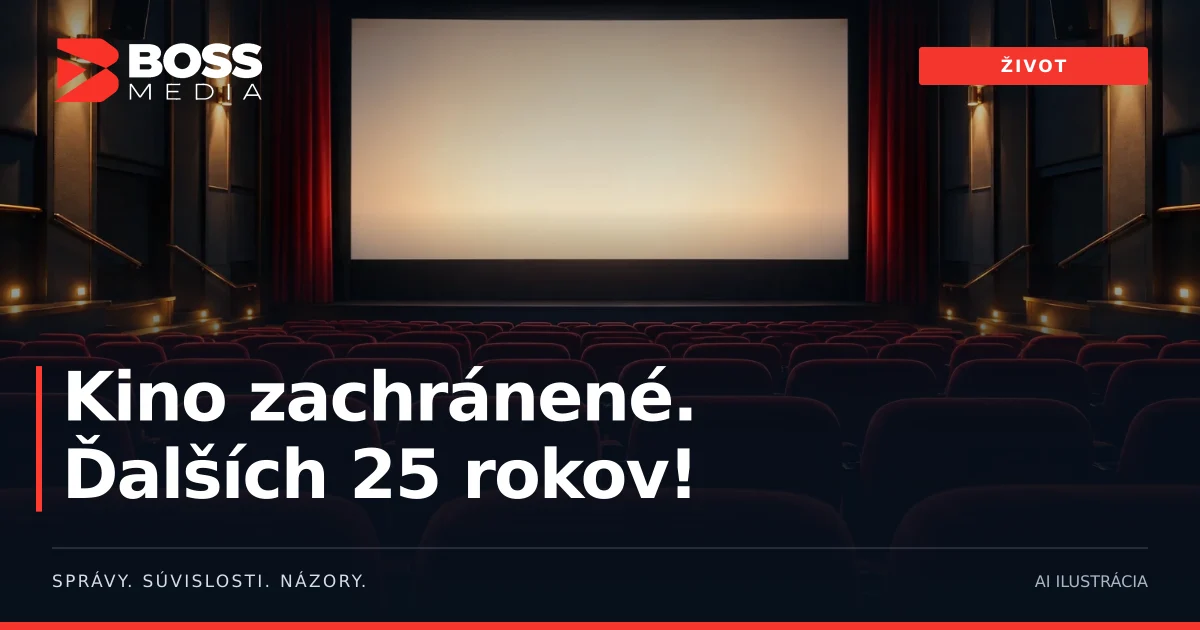 Kino zachránené.
Ďalších 25 rokov! · AI ilustrácia · symbolický interiér nezávislého kina, nie fotografia Prince Charles Cinema