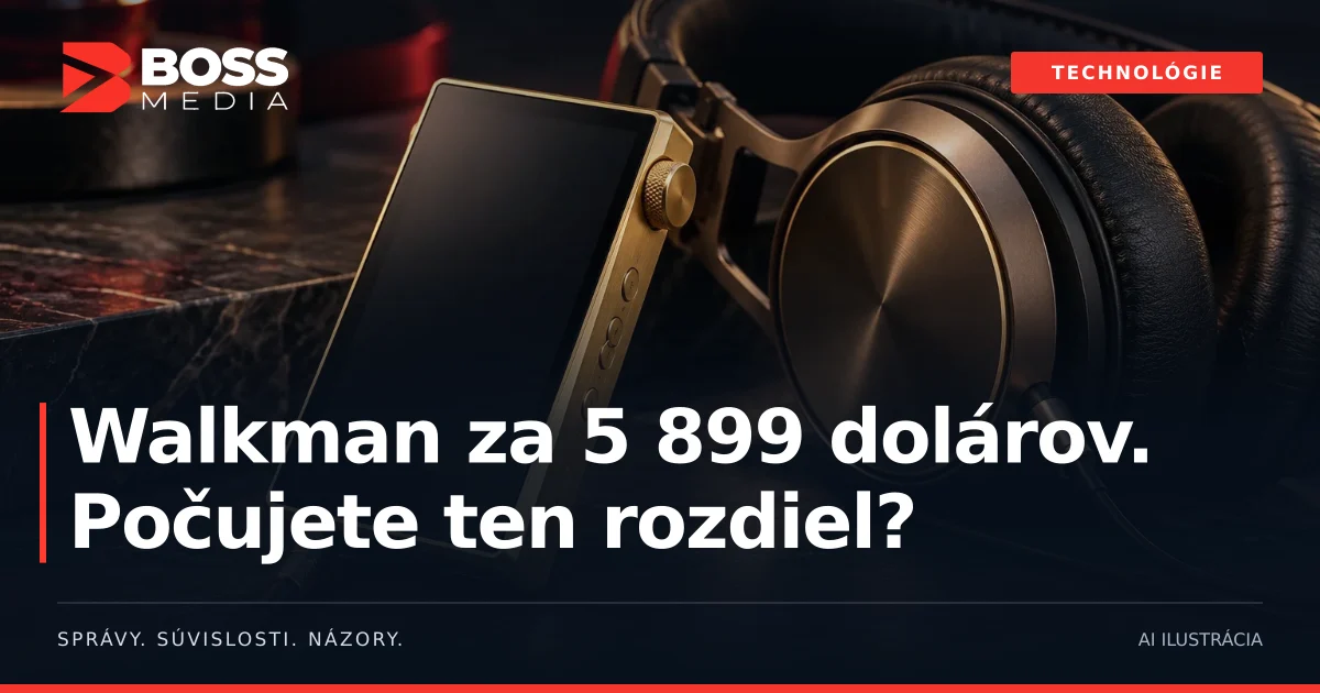Walkman za 5 899 dolárov.
Počujete ten rozdiel? · AI ilustrácia · symbolický luxusný prehrávač, nie produktová fotografia Sony
